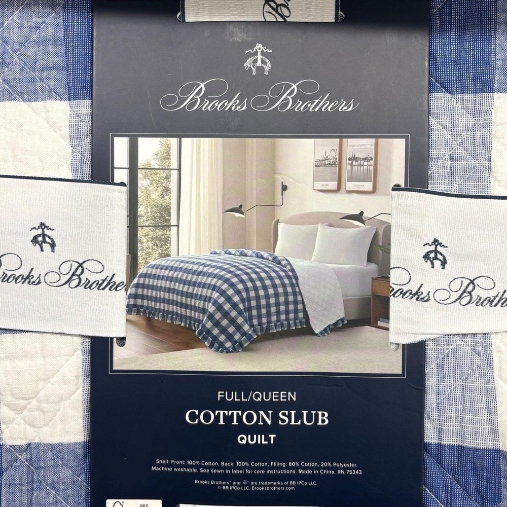 Brooks Brothers Gingham Cotton Slub Quilt Blanket Full/Queen Blue White Plaid